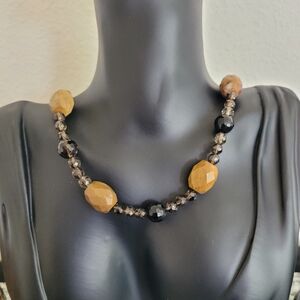 Caramel Jasper, Smokey Quartz & Black Glass Collar 16.5" Silver Plated Toggle